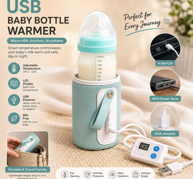 USB Baby Bottle Warmer with Adjustable Temperature Display – Portable Milk Warmer Sleeve for Car, Power Bank & Travel Use